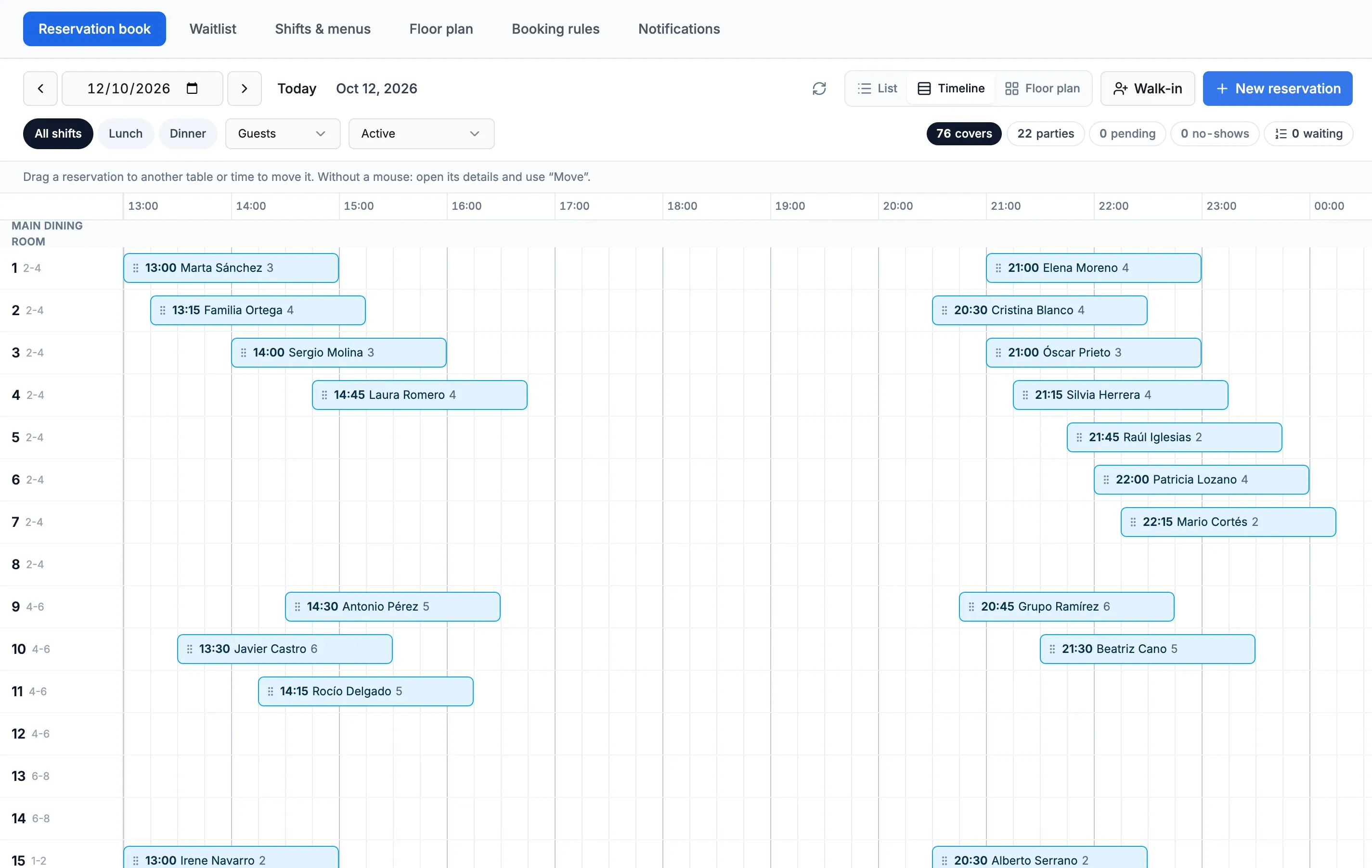 Reservation book timeline: one row per table with lunch and dinner reservations as blocks