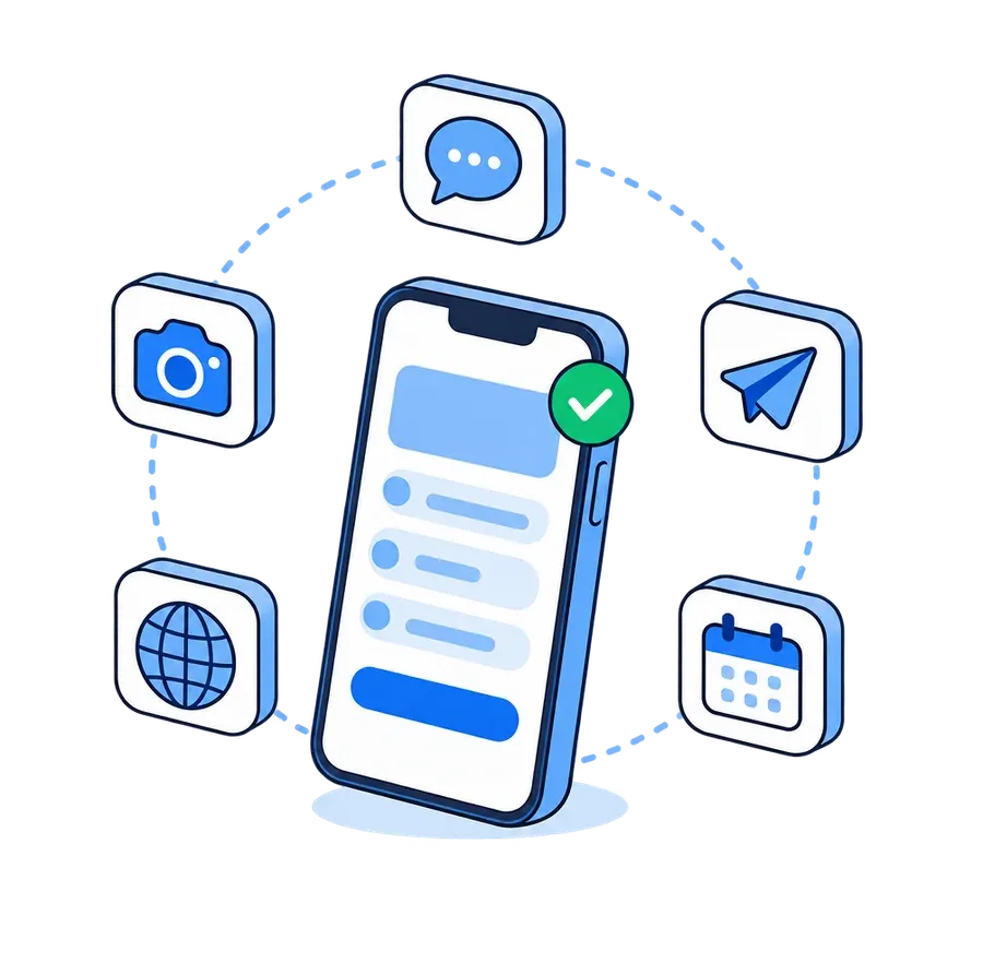 Phone surrounded by the chatbot channels: messaging, social, web and calendar