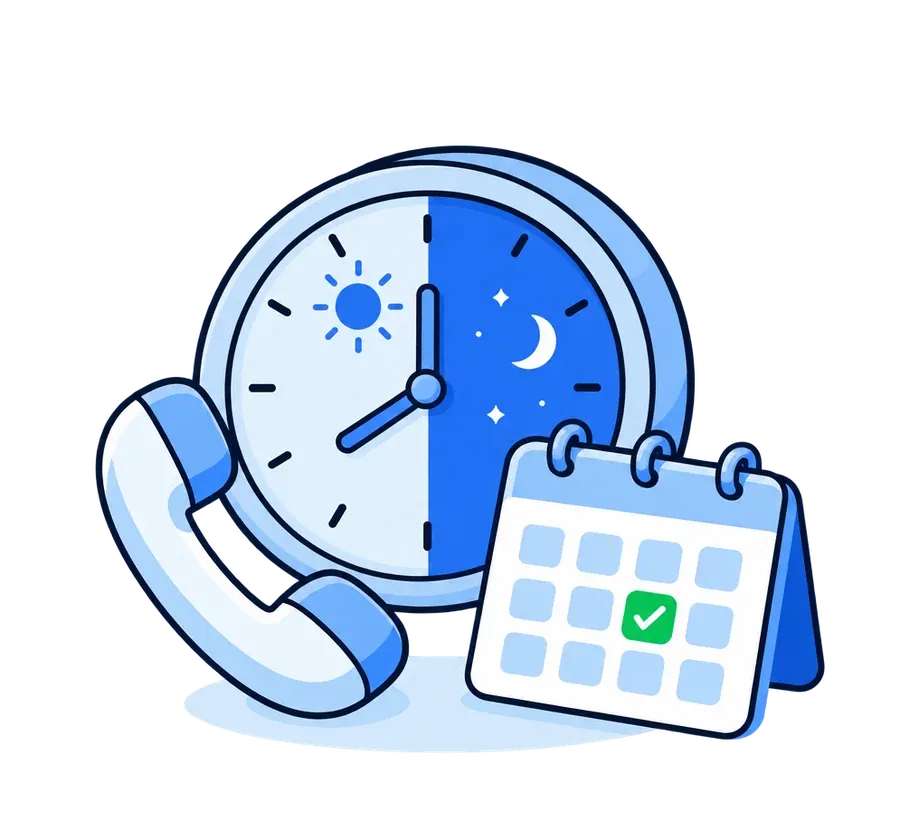 Day and night clock next to a phone and a calendar: open around the clock