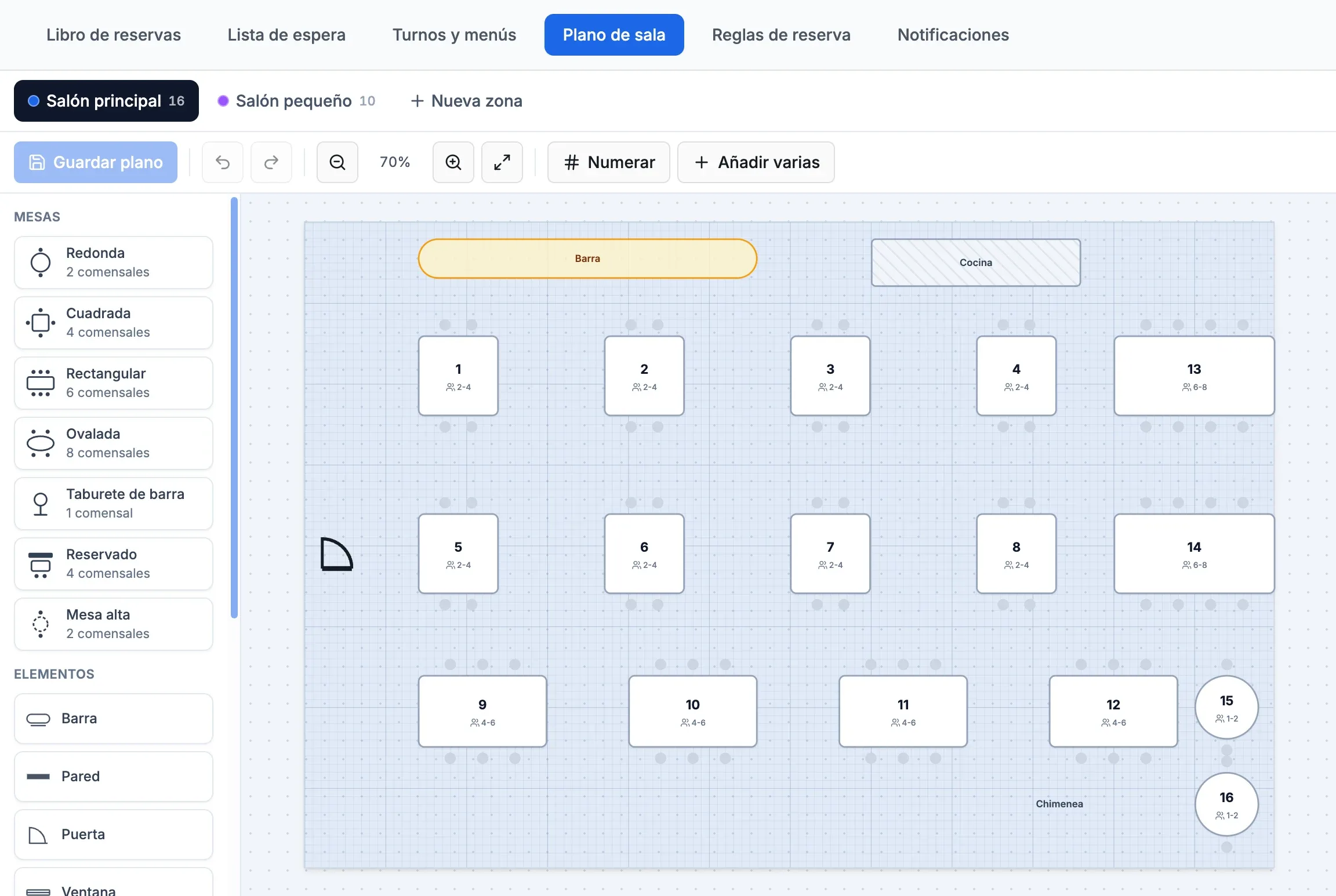 Editor del plano de sala con la paleta de mesas y elementos a la izquierda y el plano del salón principal
