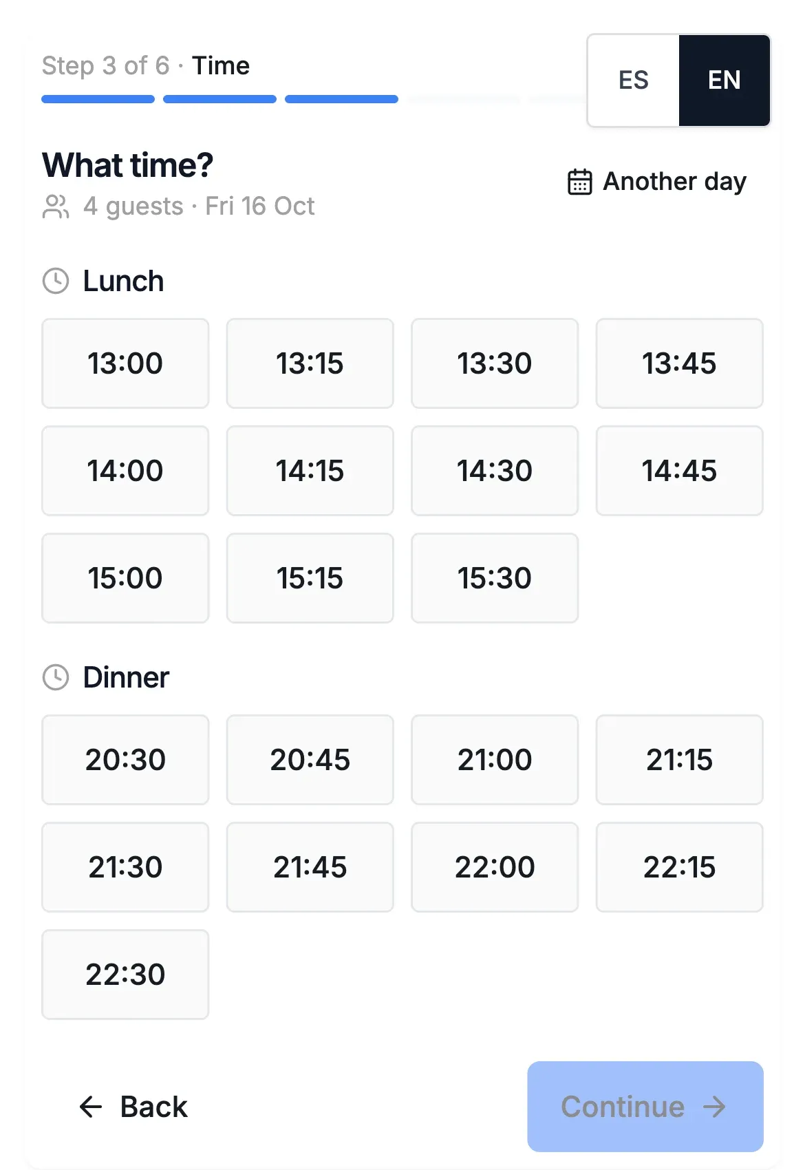 Booking page on a phone choosing a time for 4 guests