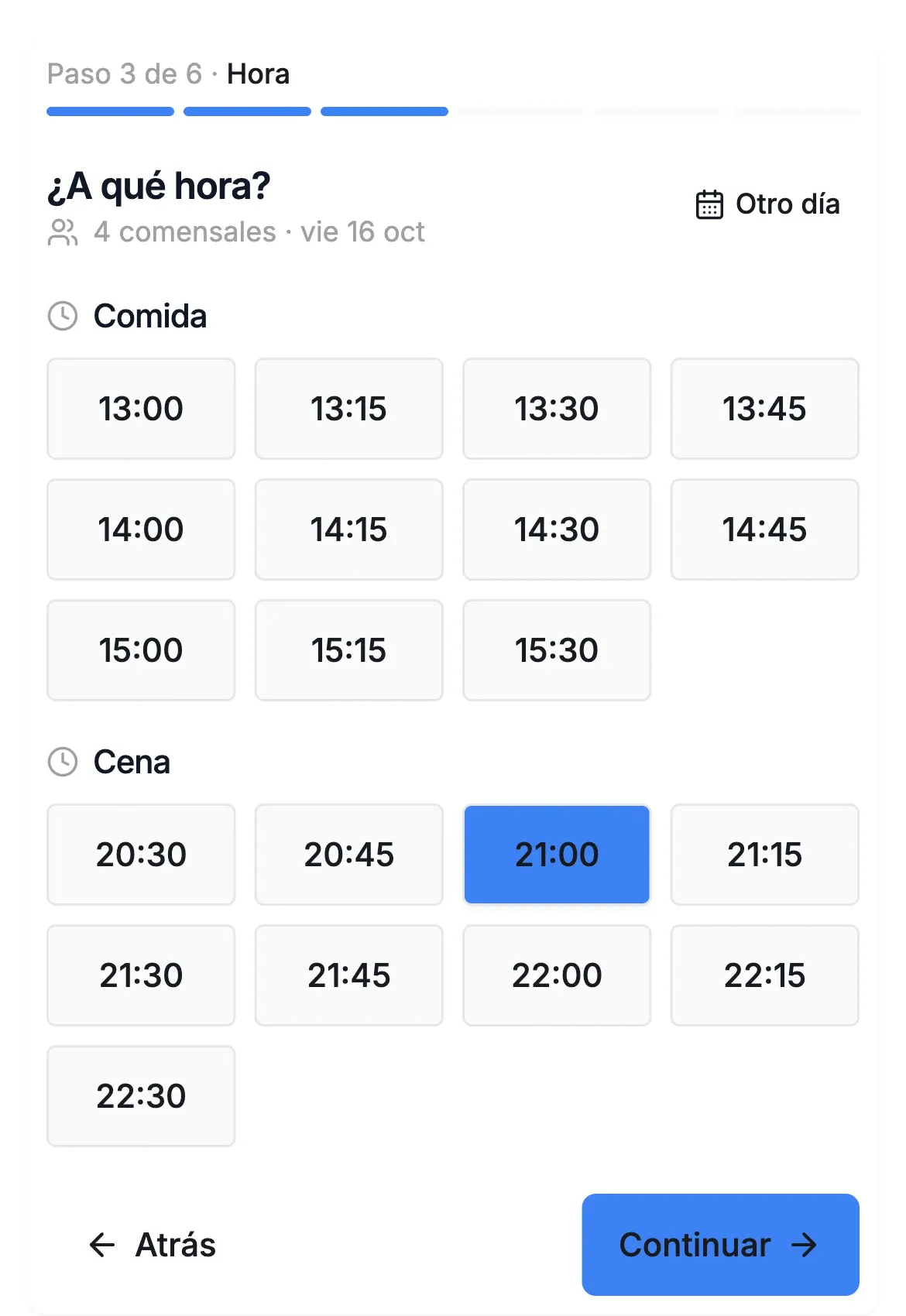 Página de reservas en el móvil eligiendo hora para 4 comensales