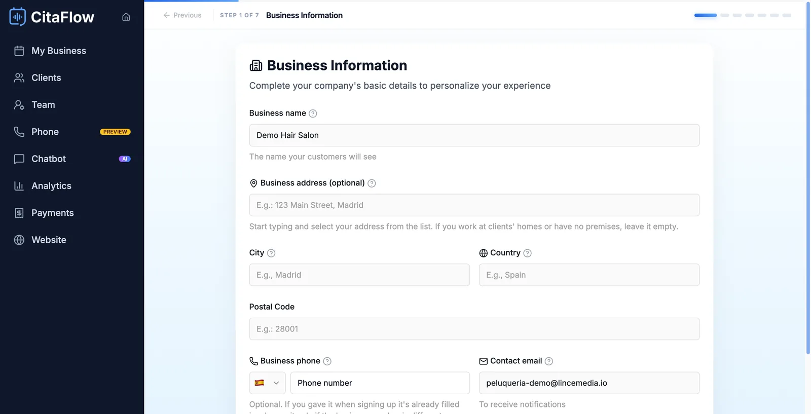 CitaFlow setup wizard, step 1 of 7: Business Information with the salon name already filled in