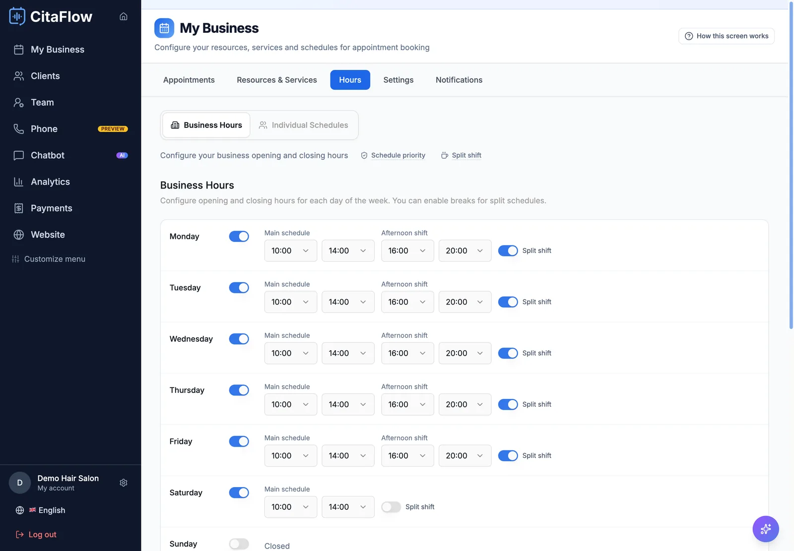 My Business screen, Hours tab: split morning and afternoon shifts Monday to Friday, Saturday mornings only and Sunday closed