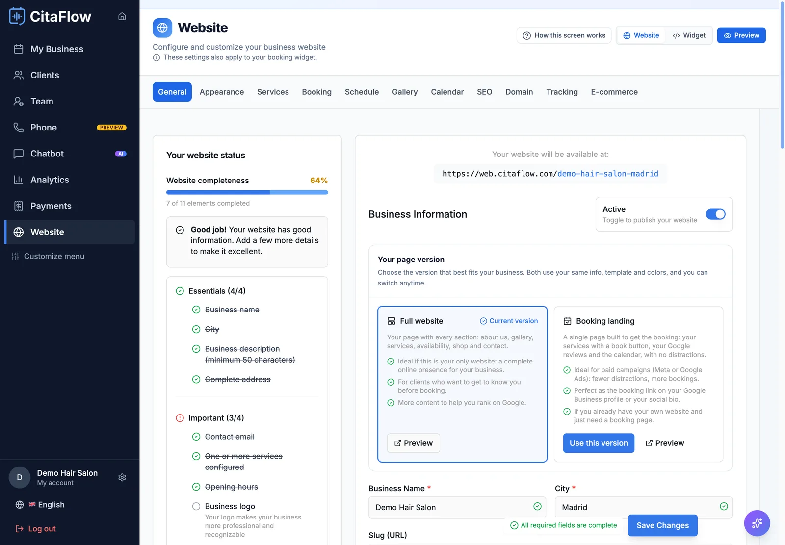 Website screen, General tab: public website address, Active switch turned on and the Your website status panel with all the essentials completed