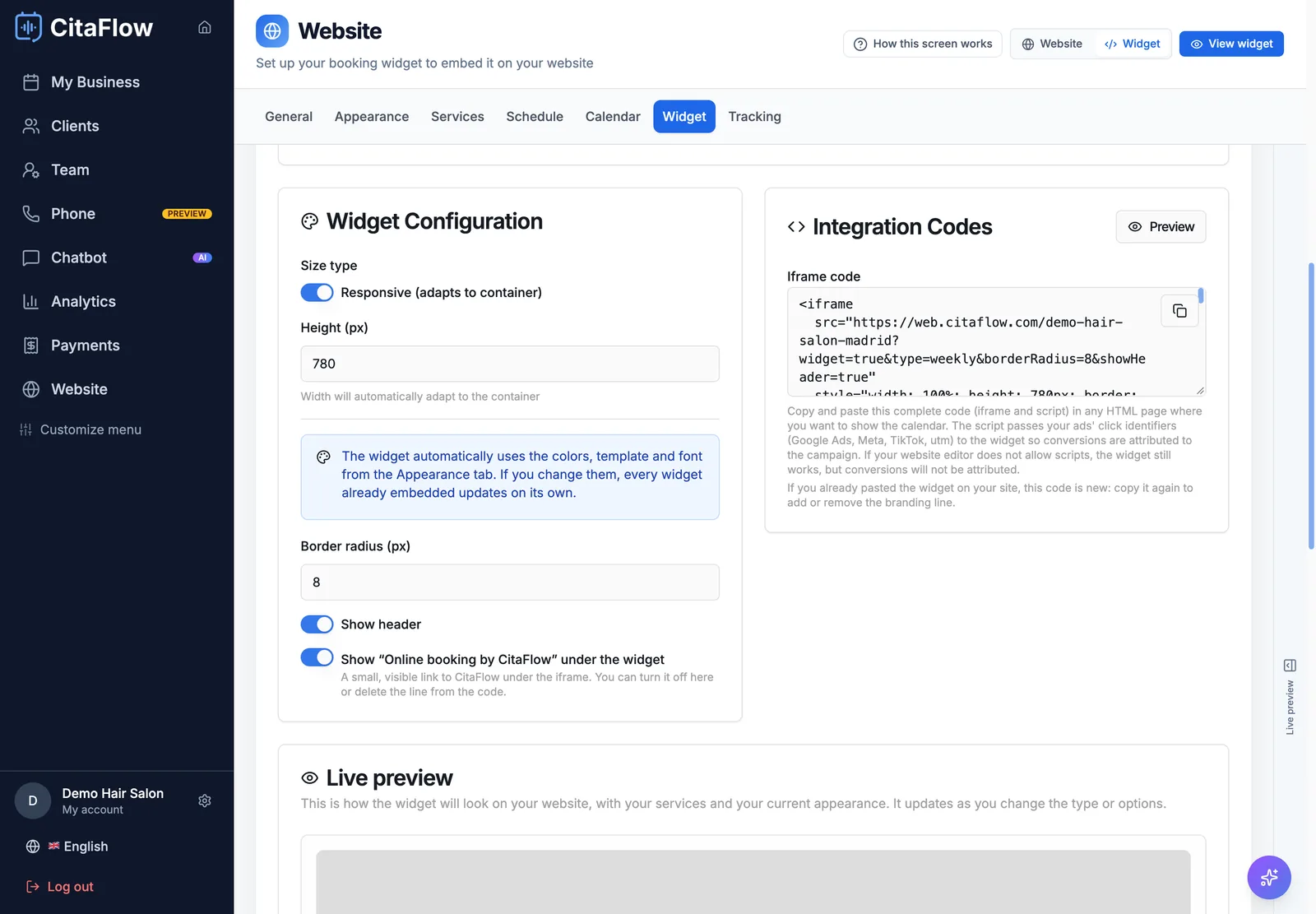 Widget Configuration set to Responsive and the Iframe code box with the copy button in the corner