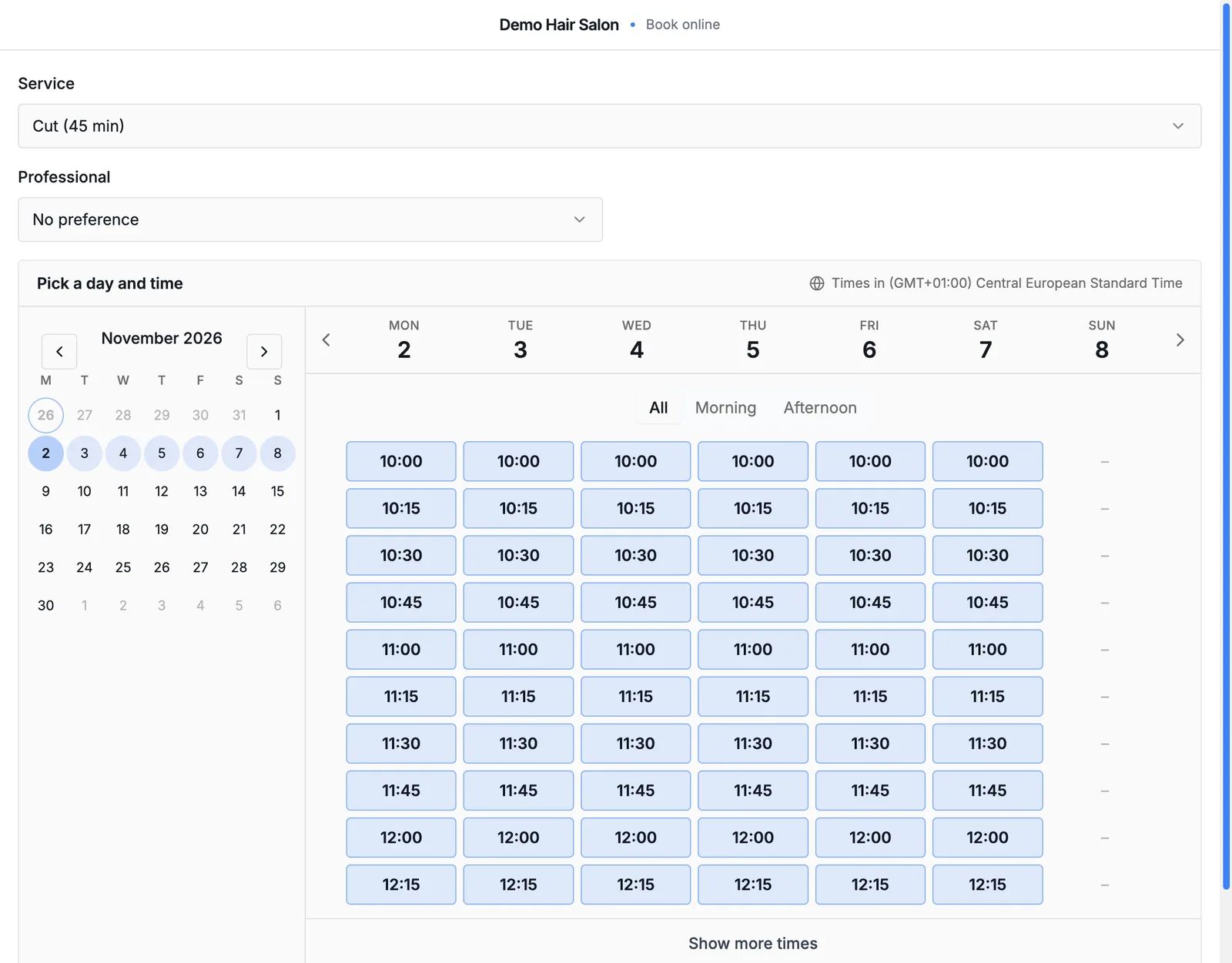 Booking widget as the client sees it: service selected and the week showing only the free times, with Sunday empty because the salon is closed